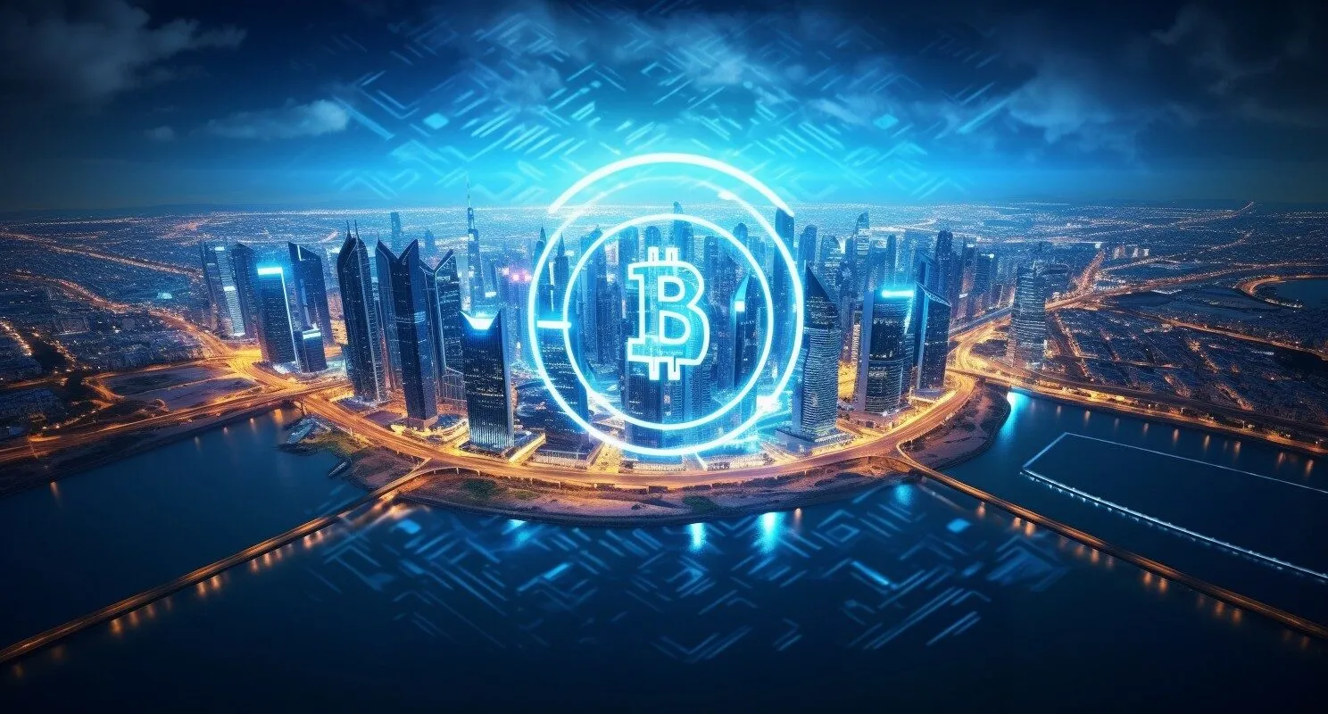 Modern Dubai Skyline With Bitcoin Symbol