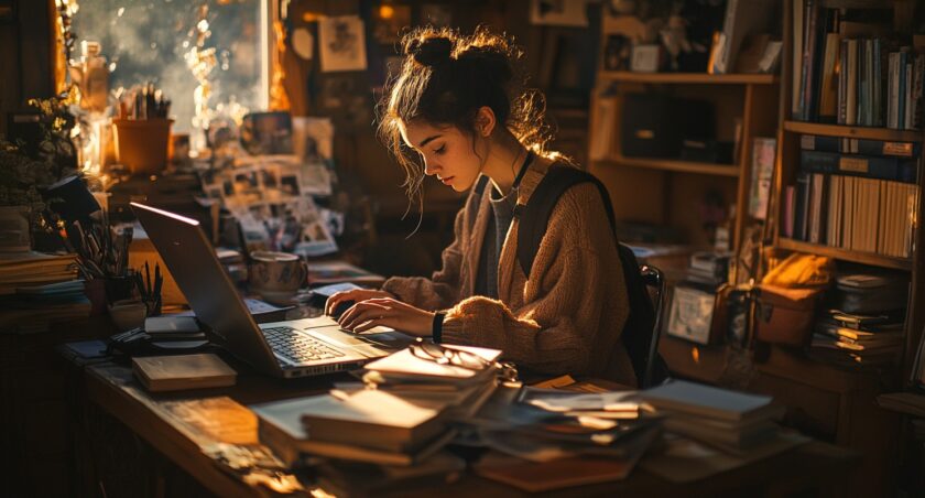 College Student Focused On Laptop In A Cozy Room