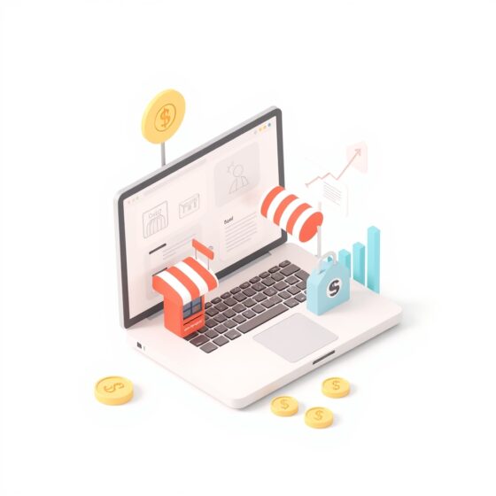 Isometric laptop with a small storefront, growth chart and coins representing low-cost online business models