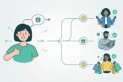 Illustration of a customer referral program: a happy customer refers friends who become new customers and both earn a reward.