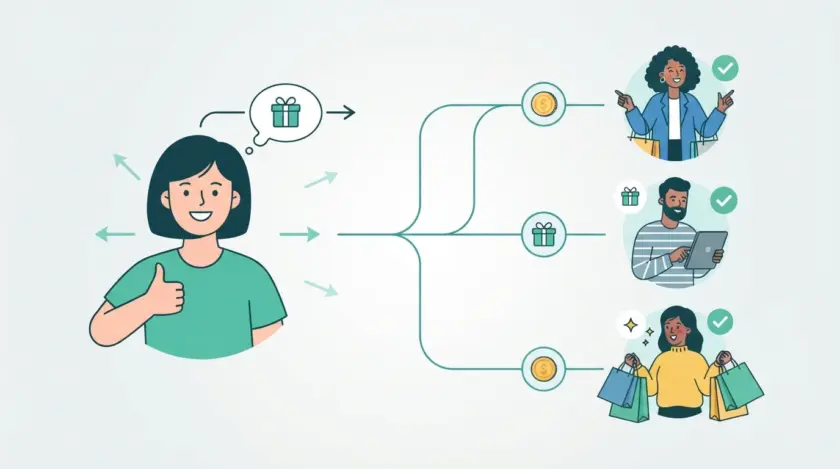Illustration of a customer referral program: a happy customer refers friends who become new customers and both earn a reward.