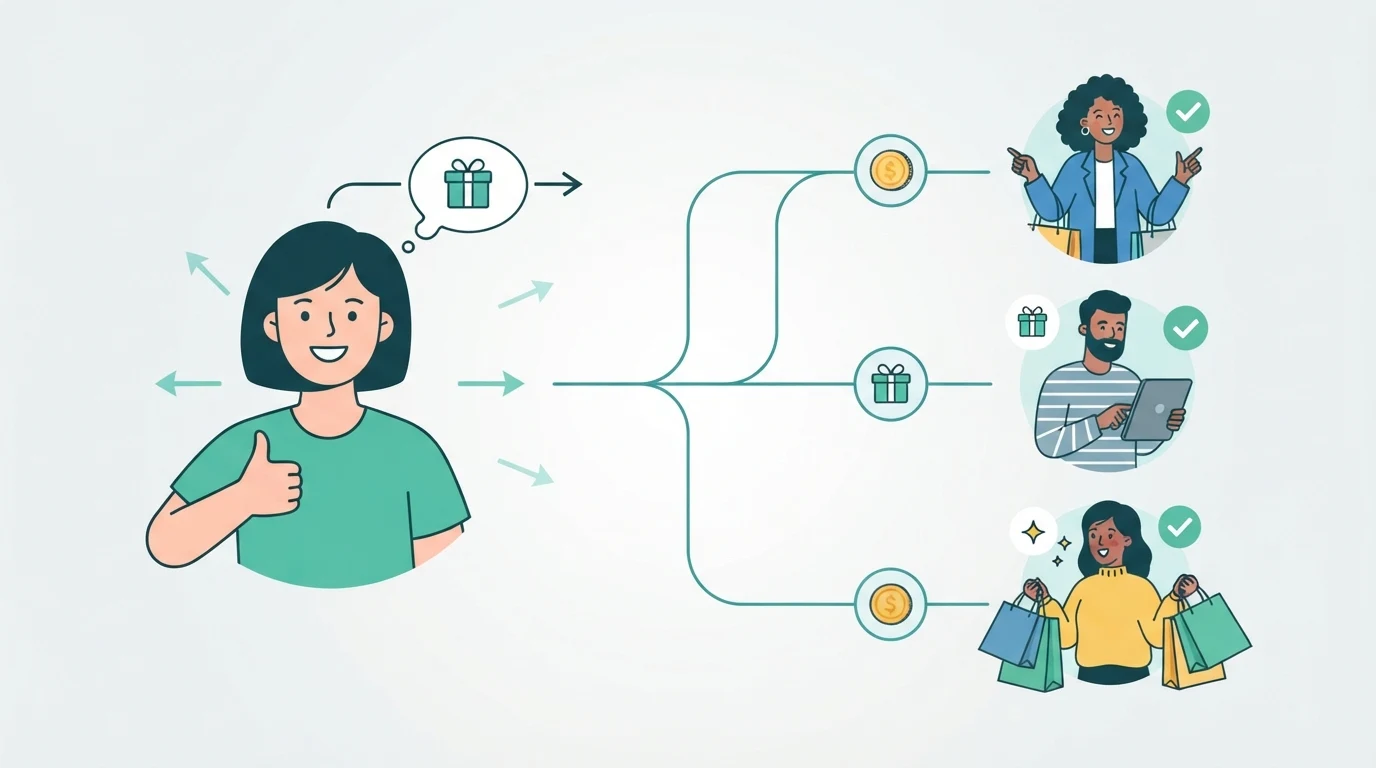 Illustration of a customer referral program: a happy customer refers friends who become new customers and both earn a reward.