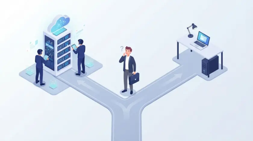 Isometric illustration of a business owner choosing between managed cloud hosting and self-managed server administration