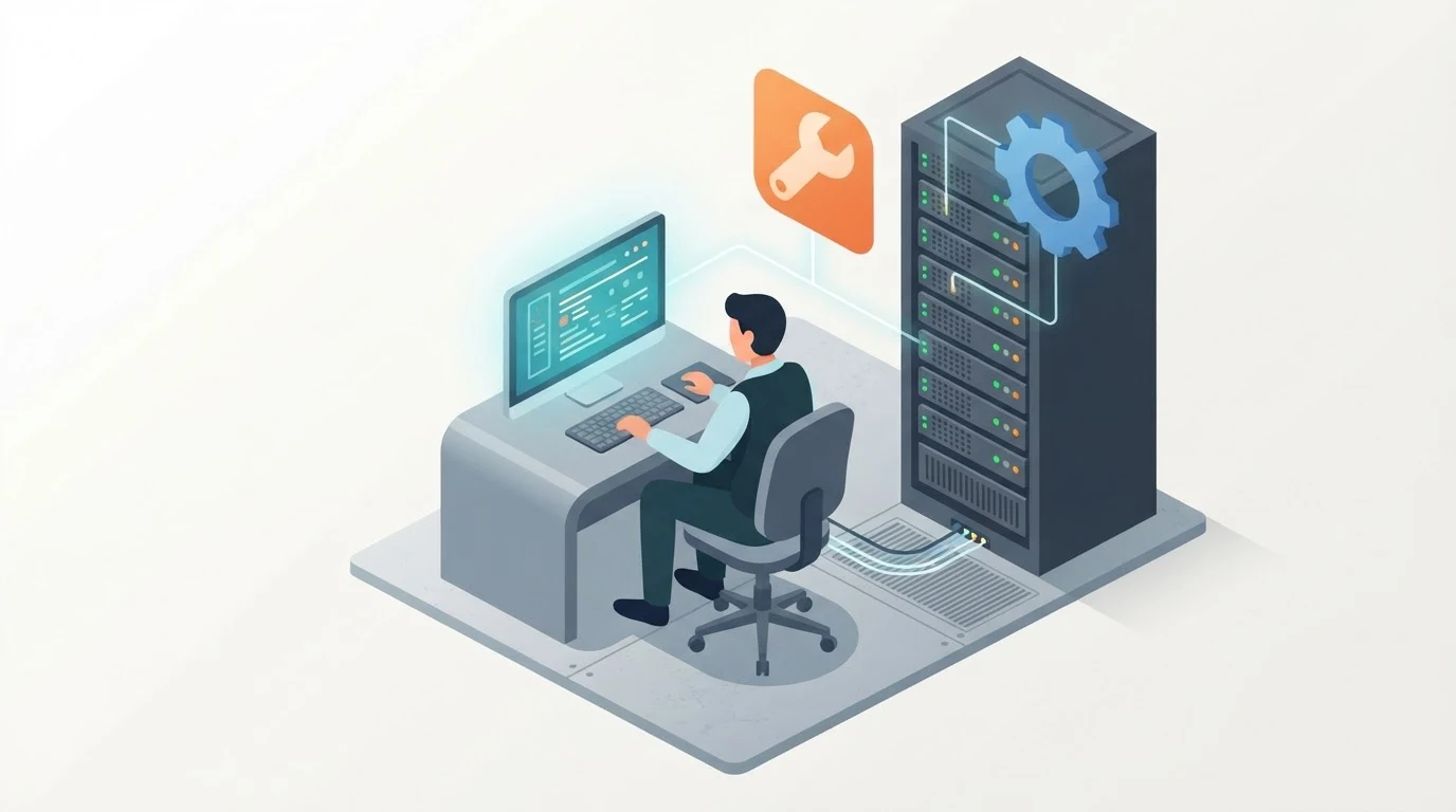 Person at a terminal console managing a self-hosted server rack