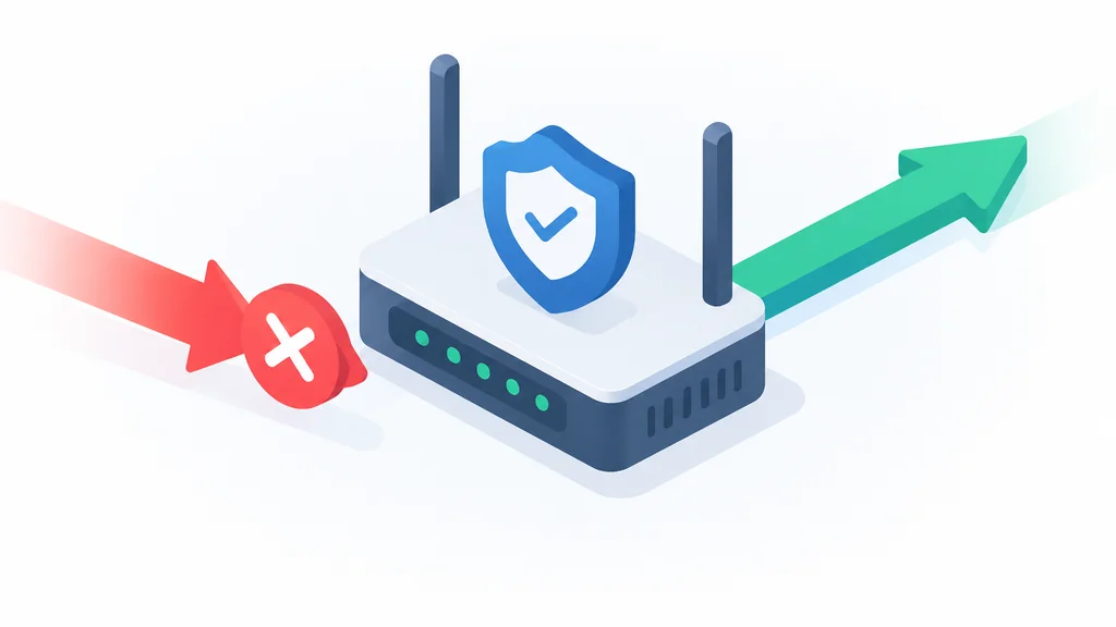isometric illustration of a firewall blocking inbound traffic but allowing outbound