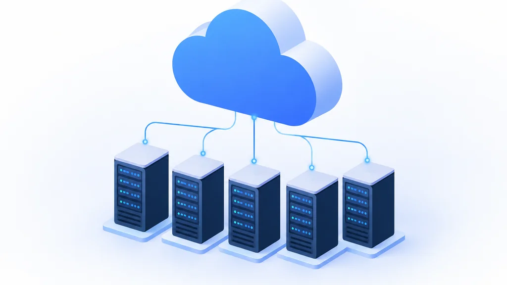Isometric illustration of a cloud shape above server rack towers representing managed cloud database hosting