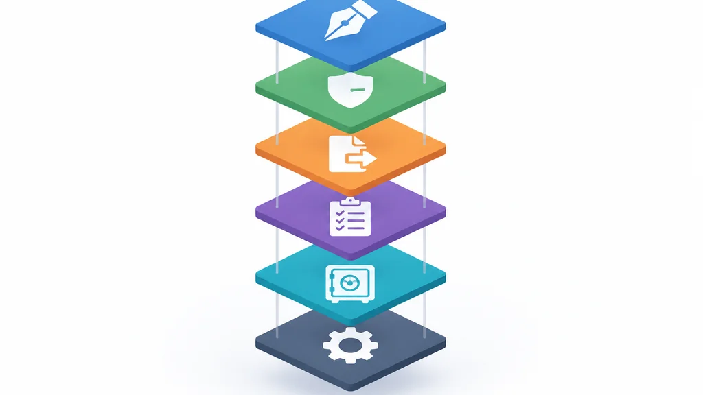 isometric illustration of six stacked document transaction management layers connected by vertical lines