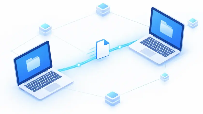 isometric illustration of a file transferring between two computers over a network connection