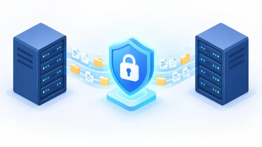 isometric illustration of an FTP connection split into a control channel and a data channel