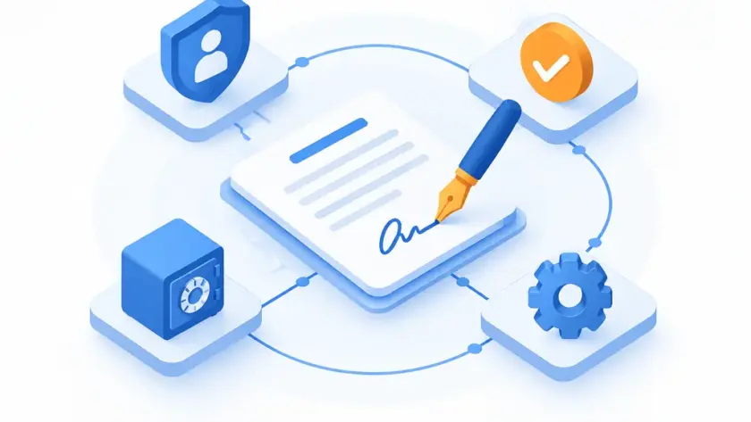 isometric illustration of a signed document connected to icons for identity, storage, and workflow