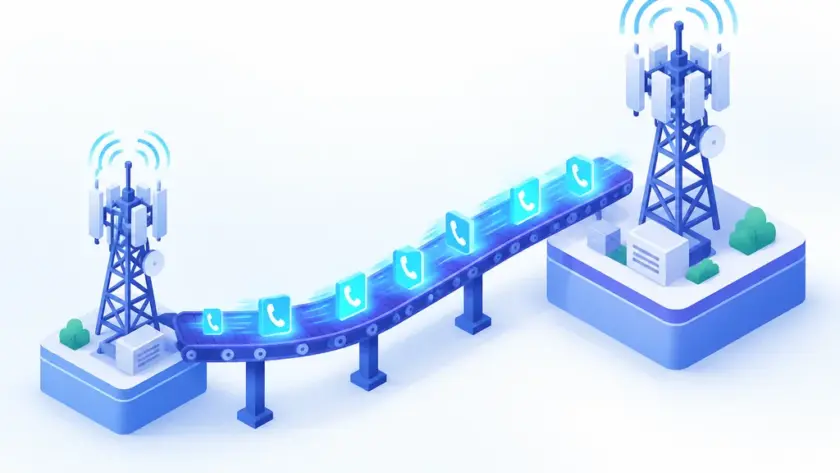 Isometric illustration of a glowing phone number moving between two carrier network towers, representing phone number porting
