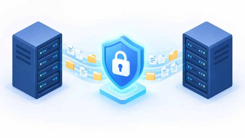 isometric illustration of an FTP connection split into a control channel and a data channel