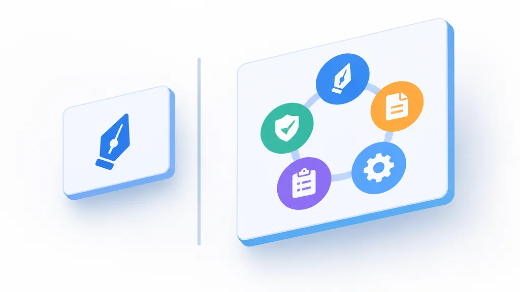 isometric illustration contrasting a small e-signature panel against a larger DTM cluster