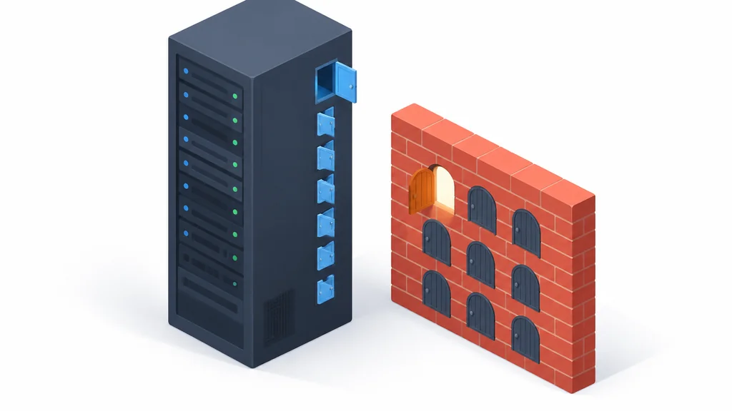 isometric illustration of a server with open ports beside a firewall gate