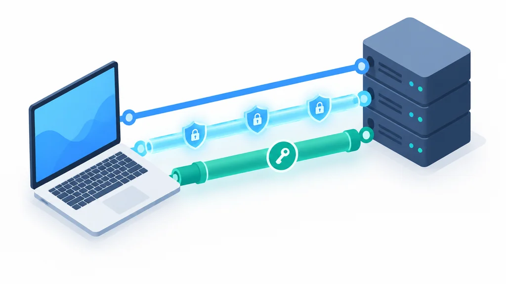 isometric illustration of three connections from a laptop to a server