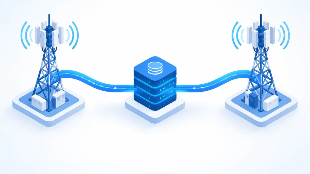 Isometric illustration of two network towers connected by a data pipeline