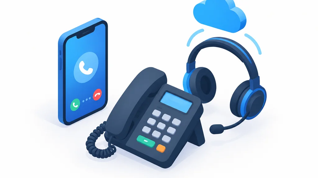 Isometric illustration of mobile, landline, and VoIP devices