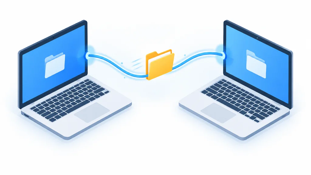 isometric illustration of a file transferring between two computers over a network connection