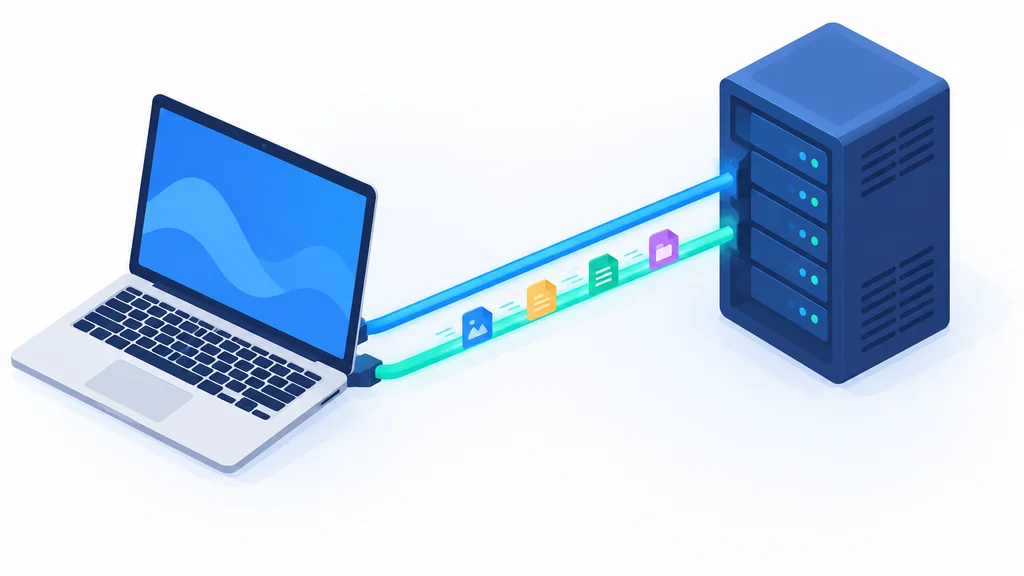 isometric illustration of an FTP connection split into a control channel and a data channel