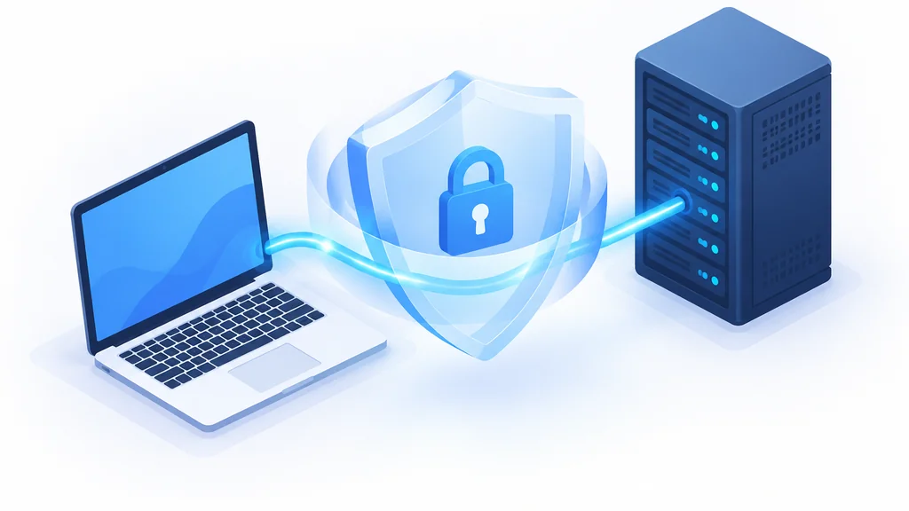 isometric illustration of a TLS encryption shield wrapped around an FTP connection