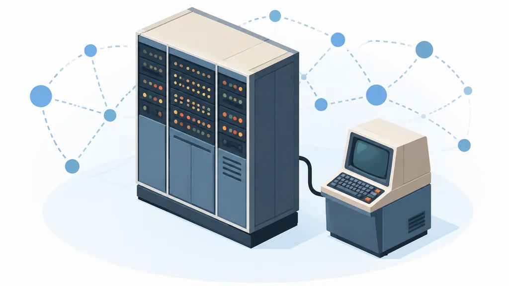 isometric illustration of an early mainframe computer connected to a terminal over a basic network