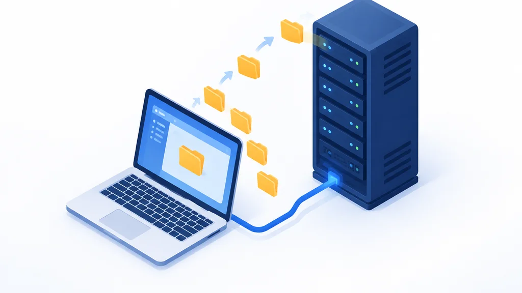 isometric illustration of a laptop uploading files to a web hosting server