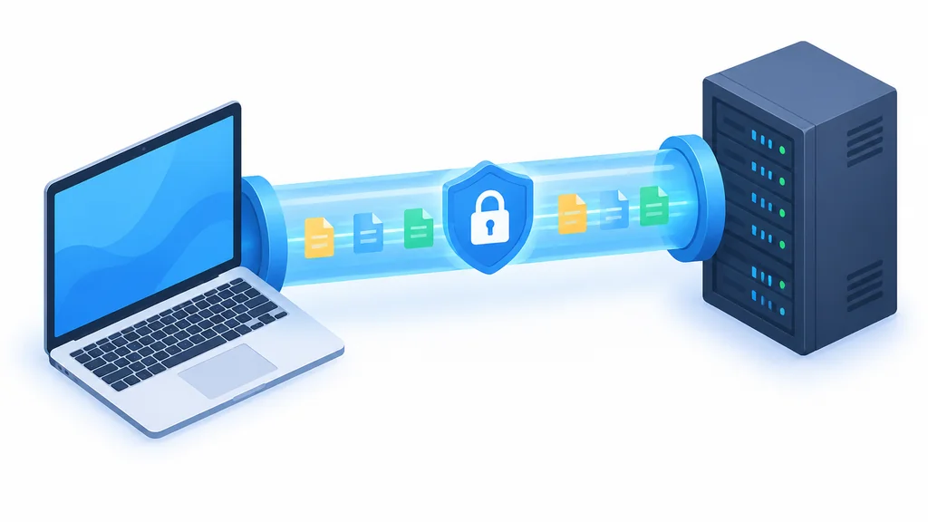 isometric illustration of a single encrypted SSH tunnel carrying SFTP file transfer