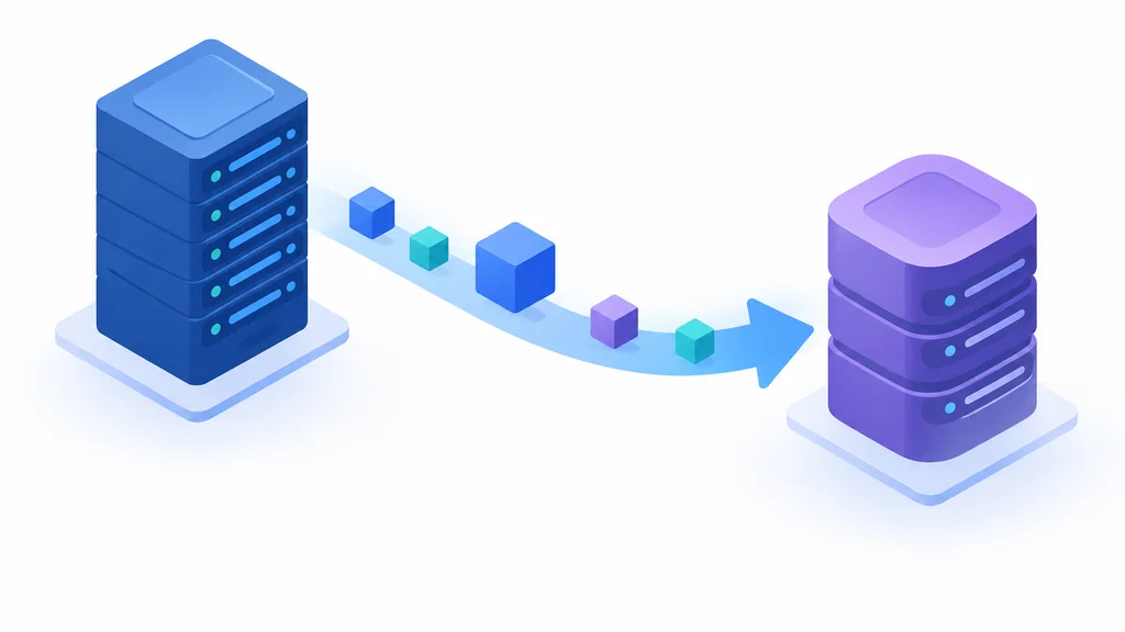 Isometric illustration of data blocks moving along a path between server towers