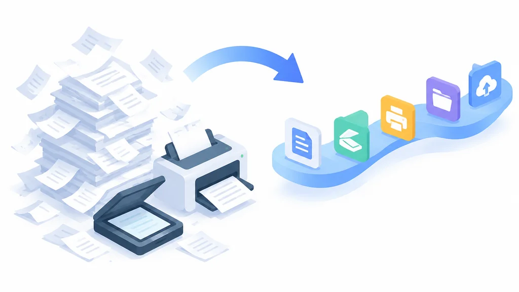isometric illustration of a toppling paper stack transitioning into a smooth connected digital transaction path