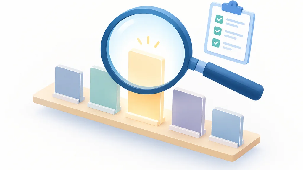isometric illustration of a magnifying glass evaluating a row of platform tiles on a shelf