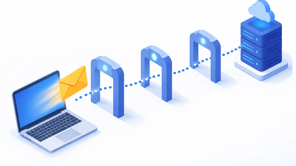 isometric illustration of an email handing off through smtp settings to a mail server